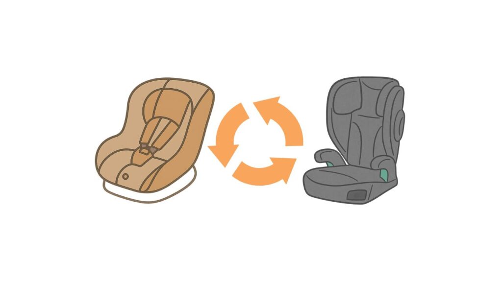 上の子から下の子へチャイルドシートを安全に引き継ぐ様子を表したイラスト