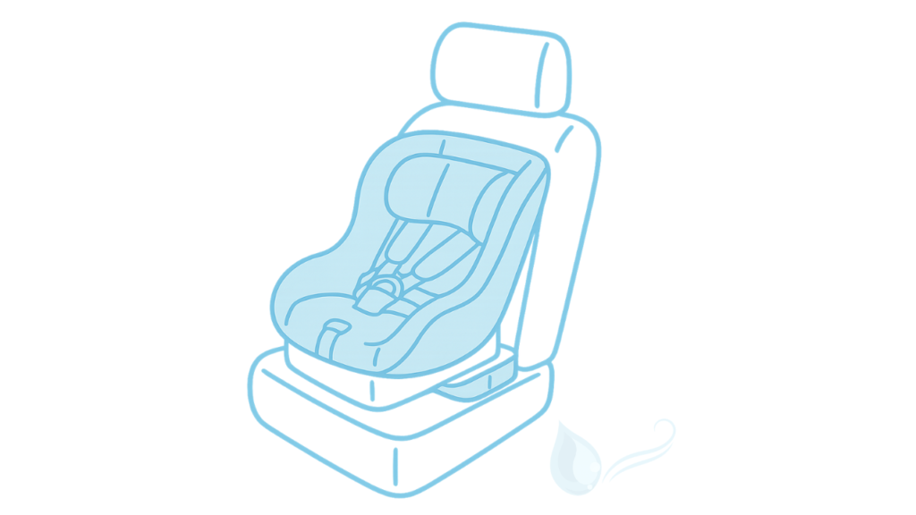 チャイルドシートのイラスト。背もたれ一体型で5点式ハーネスが付いており、1歳から使用するタイプを示しています。