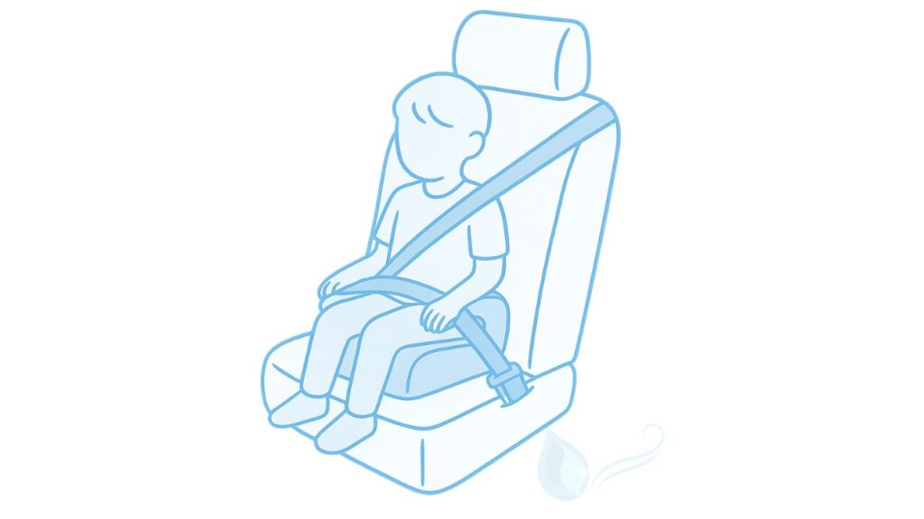 ジュニアシートのイラスト。座面のみのブースタータイプで、子どもが車のシートベルトを正しく着用して座っています。