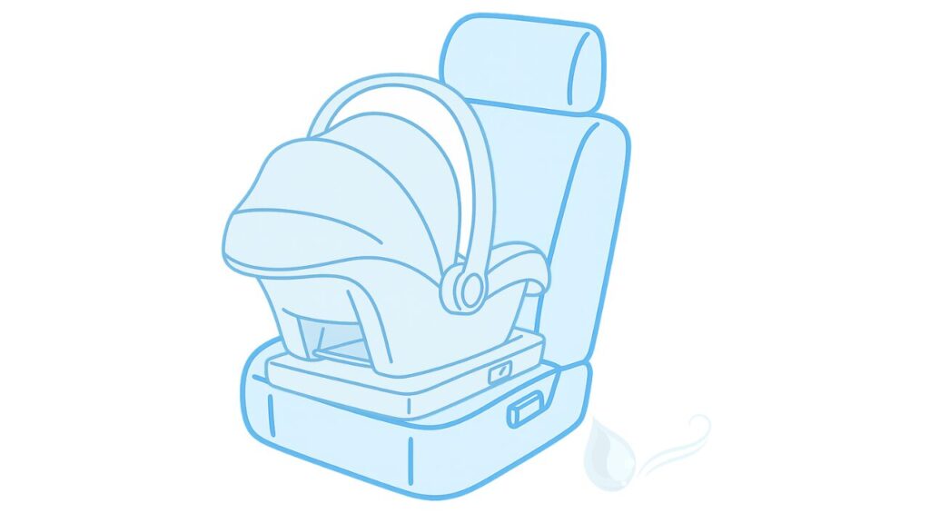後ろ向きに設置されたベビーシートのイラスト。新生児用キャリータイプで、深いリクライニングと取っ手が特徴です。