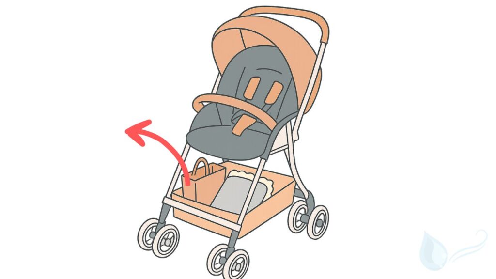 ベビーカーに荷物を入れたままでは畳めない様子を表したイメージイラスト