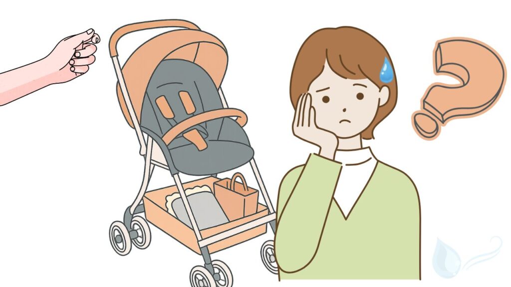 ベビーカーの畳み方がわからず戸惑っている様子を描いたイメージイラスト