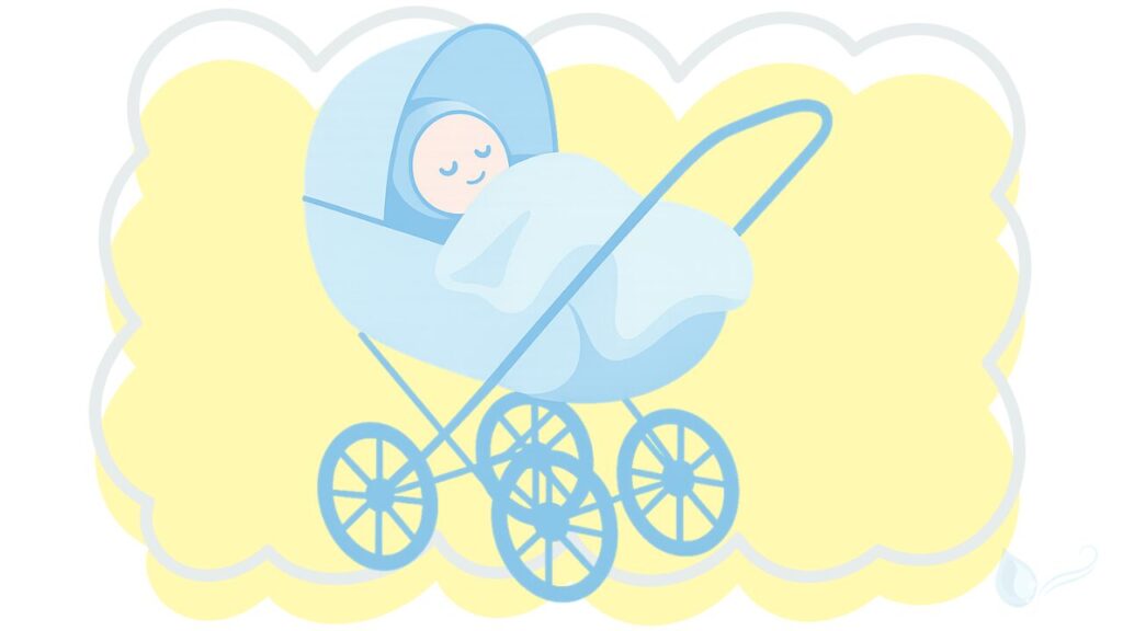 ベビーカーに乗る赤ちゃんが毛布であたたかく包まれて快適に過ごしている様子。冬の防寒がちょうどよい状態を表したイラスト｜YuraDays