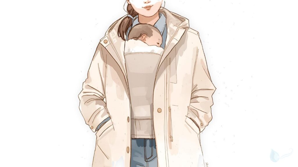 コートの内側に抱っこ紐を装着して赤ちゃんを抱き入れるママのイラスト。冬のあたたかい抱っこのイメージ。