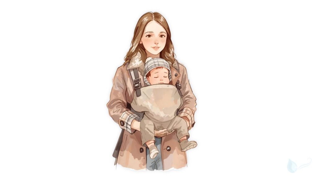 コートの外側に抱っこ紐をつけて赤ちゃんを抱くママのイラスト。防寒ケープを使った冬の抱っこスタイル。