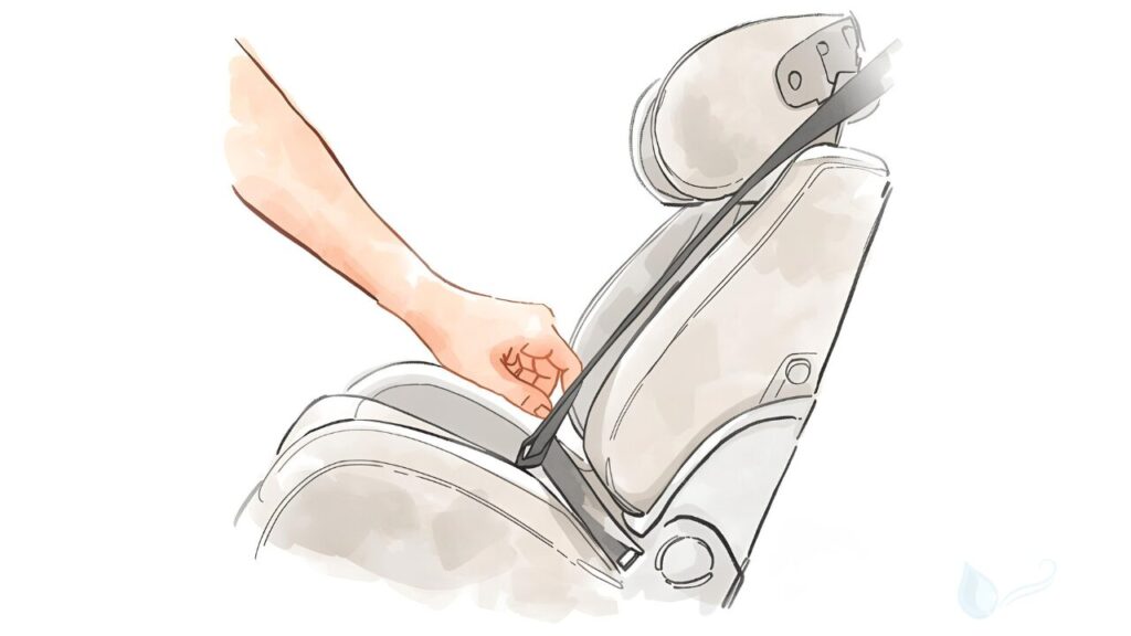 大人がチャイルドシートのベルトを引いて調整している様子を描いた、淡い水彩風の線画イラスト