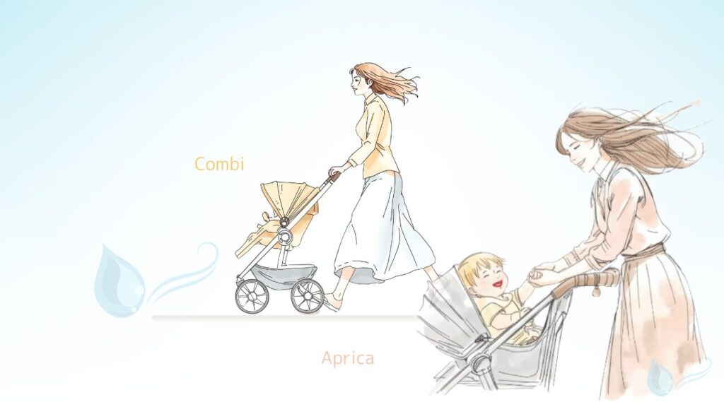 コンビの軽やかに進むベビーカーと、アップリカの赤ちゃんを包み込むベビーカーを描いたイラスト。どちらも安心を目指す姿。