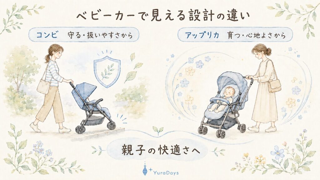 コンビは扱いやすさから、アップリカは赤ちゃんの心地よさから親子の快適さを考えるベビーカー比較イラスト