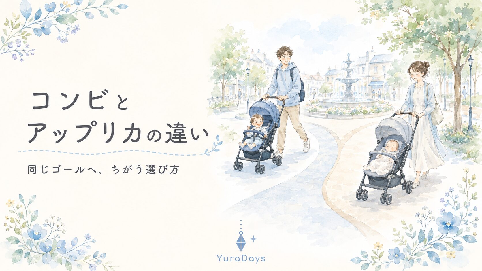 コンビとアップリカのベビーカー選びで、親子の快適さへ向かう異なる道筋を描いたイラスト