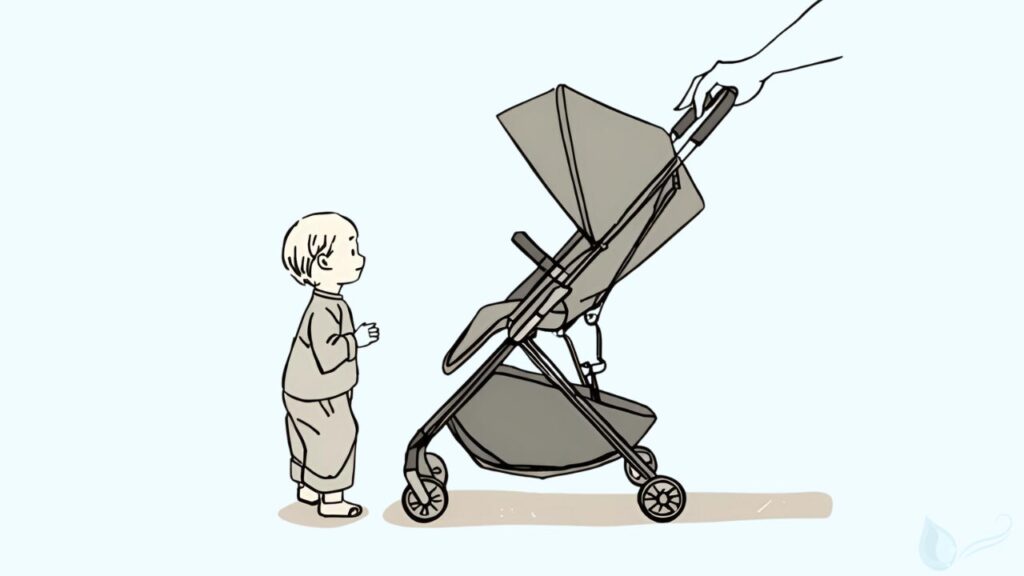 ベビーカーを見つめる子ども。もう自分の足で歩き出す準備をしている様子のイラスト。