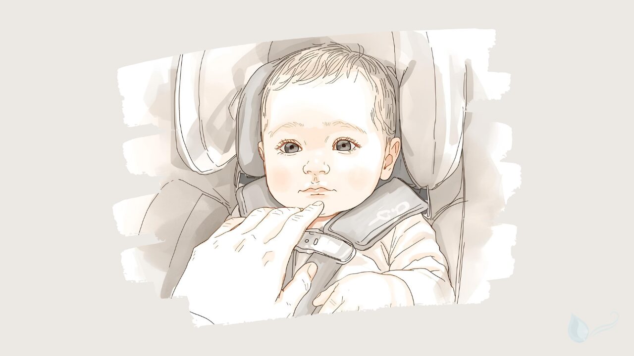 チャイルドシートに座った赤ちゃんと、それをやさしく見守る親の手のイラス