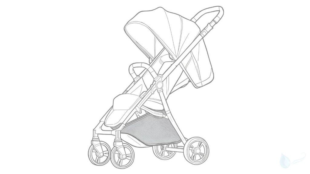ベビーカーを横から見た淡色の線画イラスト。フレームやタイヤの形状がわかる簡潔な描写