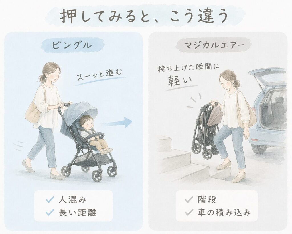 ビングルとマジカルエアーの違いを、走行性と軽さの使い方で比較した図解イラスト