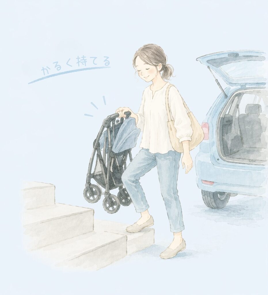 マジカルエアーの軽さのイメージ。片手で持ち上げやすく、階段や車の積み込みがラクな様子を表した図解イラスト