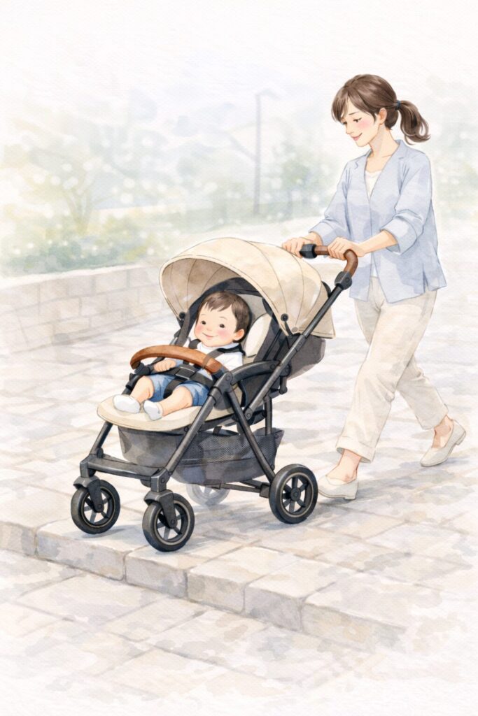 小さな段差のある歩道で、A型ベビーカーをスムーズに押して進む親子の水彩風イラスト。
