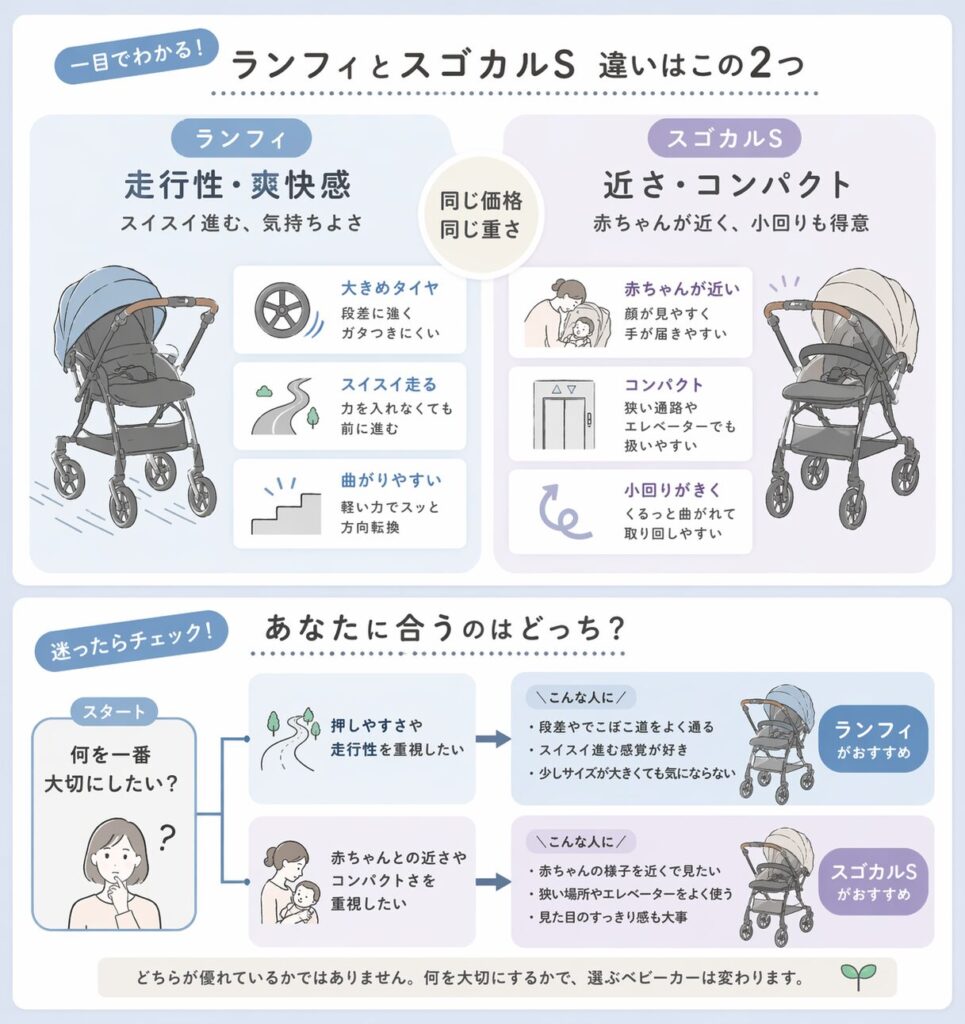 ランフィとスゴカルSの違いをまとめた図解。ランフィは走行性と爽快感、スゴカルSは赤ちゃんとの近さとコンパクトさが特徴で、同じ価格と重さでも設計思想が異なることを示している