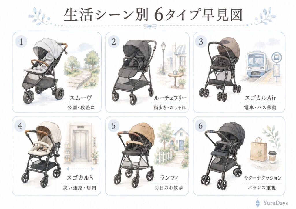 A型ベビーカーおすすめ6選を生活シーン別に比較した早見図。公園・電車・店内・散歩など用途別に紹介
