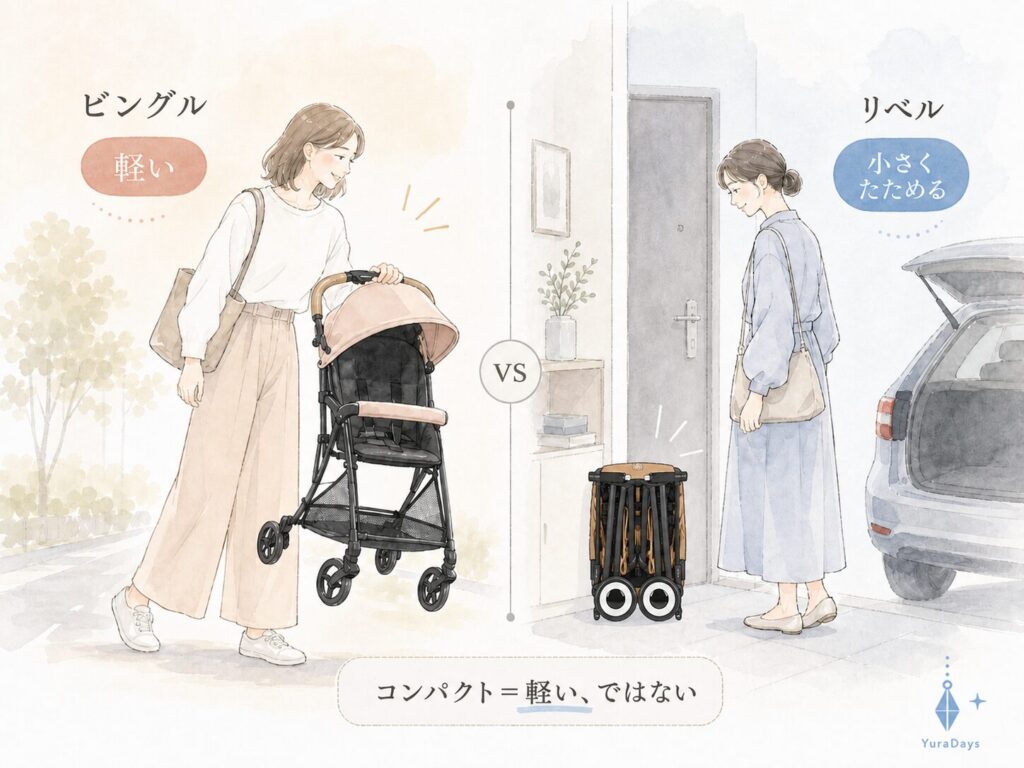 ビングルの軽さとリベルの折りたたみサイズを比較した挿絵。B型ベビーカー選びで迷いやすい「軽さ」と「コンパクトさ」の違いを示している。