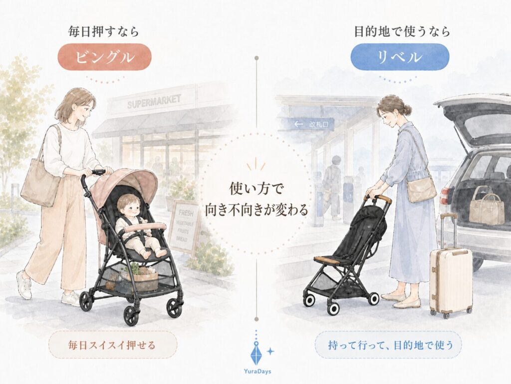 ビングルとリベルの使い方の違いを比較した挿絵。毎日押しやすいビングルと、旅行や帰省先で使いやすいリベルの向き不向きを示している。