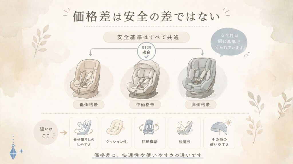 
チャイルドシートの価格差は安全性そのものの差ではなく、乗せ降ろしのしやすさやクッション性、回転機能など使いやすさの違いであることを示した図解イラスト。