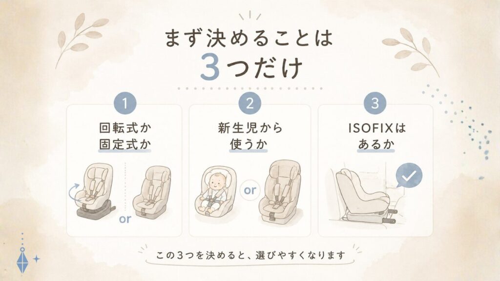 チャイルドシート選びで最初に確認したい3つのポイントとして、回転式か固定式か、新生児から使うか、ISOFIX対応かを整理したベージュ系の図解イラスト。