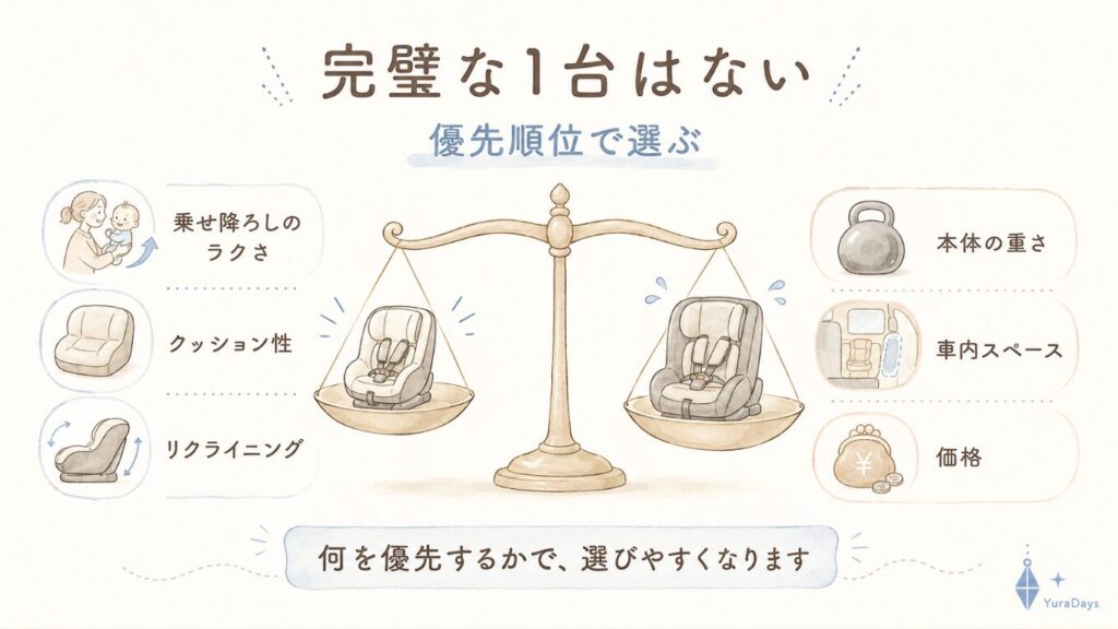 チャイルドシート選びでは完璧な1台を探すのではなく、乗せ降ろしのラクさやクッション性、リクライニング、本体の重さ、車内スペース、価格の優先順位で選ぶことを示した天秤の図解イラスト。