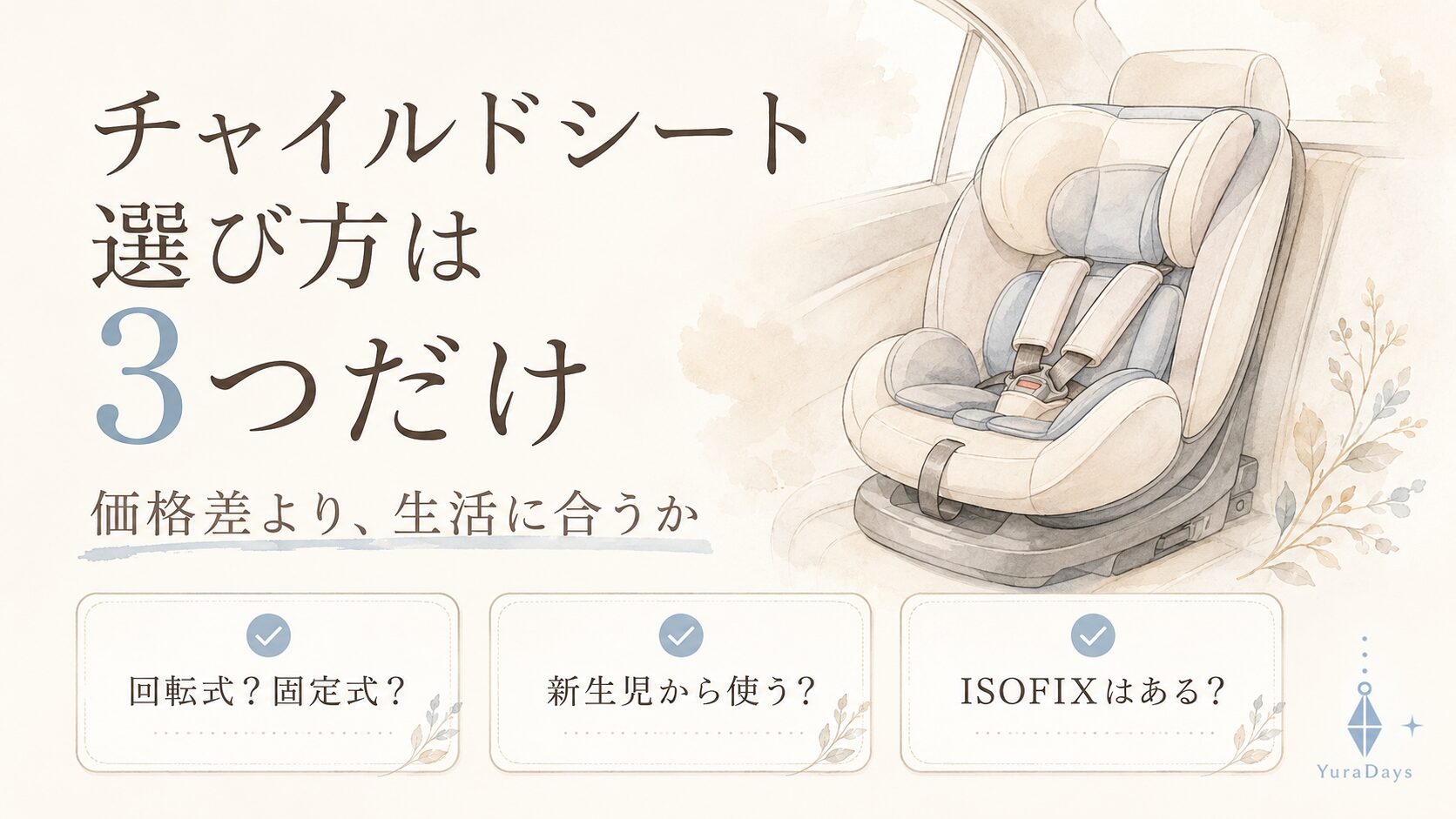 チャイルドシートの選び方を3つのポイントで整理したYuraDaysのアイキャッチ。回転式か固定式か、新生児から使うか、ISOFIX対応かをチェック項目で示したベージュ系の図解イラスト。