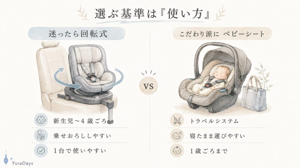新生児から使える回転式チャイルドシートとベビーシートの違いを、使用期間・乗せおろし・トラベルシステムの観点で比較した図解イラスト。