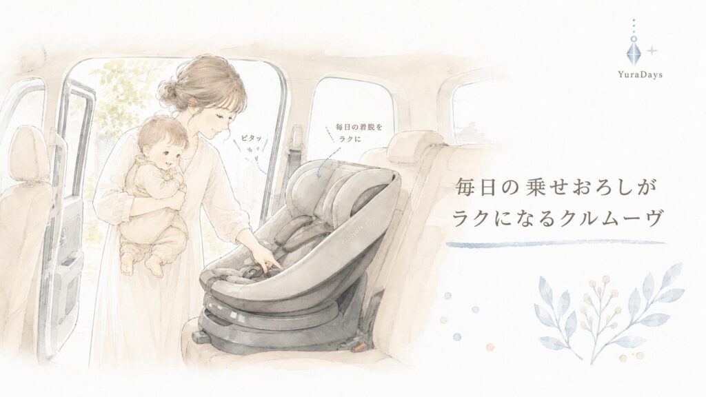 クルムーヴの回転式チャイルドシートで、赤ちゃんを抱っこしながら乗せおろししやすい様子を示した挿絵