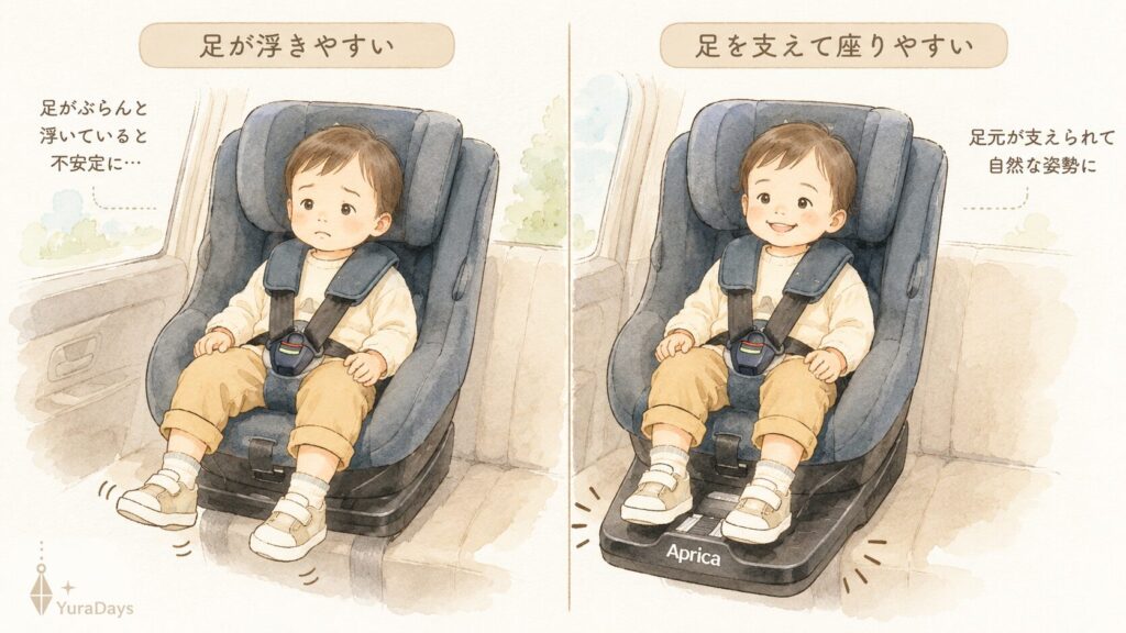 クルリラ プラス ライトのフットステップで、子どもの足を支えて座りやすい姿勢を比較した図解