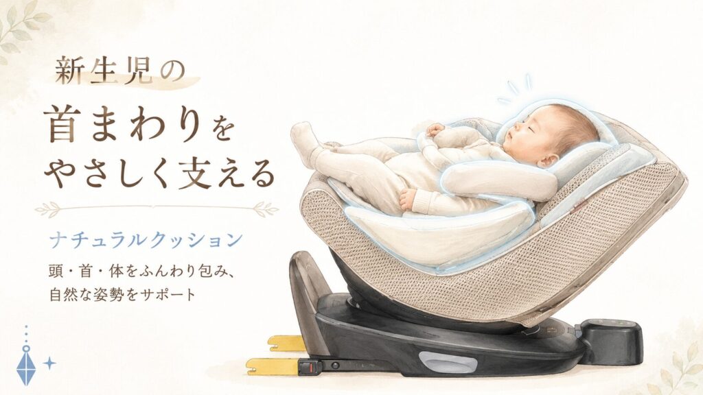 クルリラXプラス ABのナチュラルクッションが、新生児の頭・首・体を包み自然な姿勢を支える様子を示した図解イラスト
