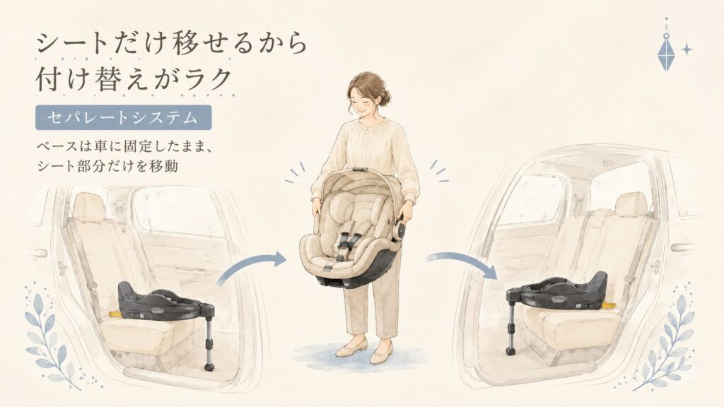 クルリラXプラス ABのシート部分だけを両手で持って移動し、2台の車でベースを固定したまま使えることを示す図解イラスト