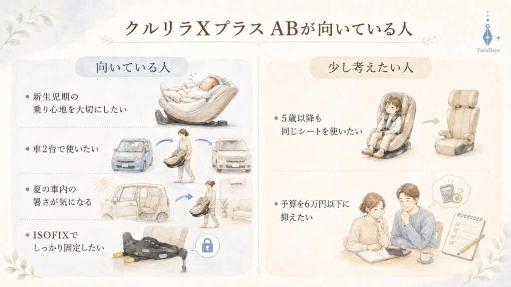 クルリラXプラス ABが向いている人と、5歳以降の使用や予算面で購入前に確認したい人を整理した比較図解イラスト