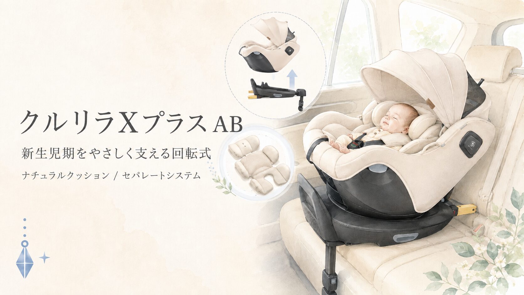 クルリラXプラス ABを車の後部座席に設置し、新生児期の乗り心地とセパレートシステムをやさしく伝えるアイキャッチ画像
