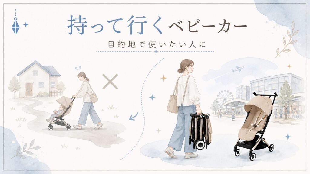 家から押して出かけるのではなく、たたんで持って行き目的地で使うリベルのイメージ図