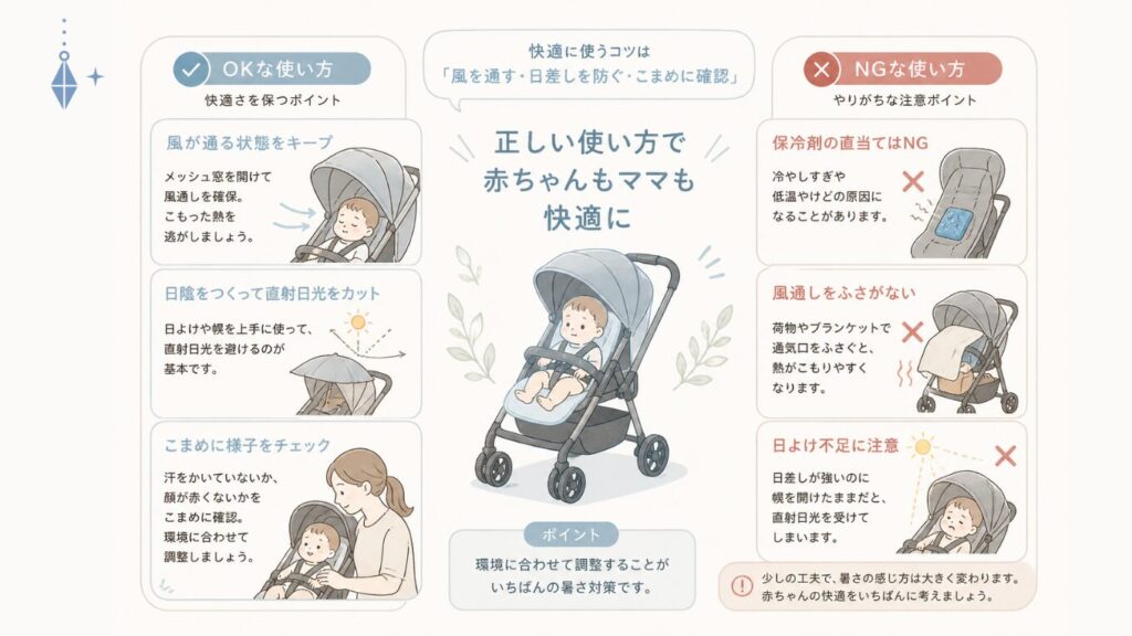 夏のベビーカー暑さ対策｜保冷グッズの使い方や通気の確保など正しい対策ポイントを示した図解イラスト