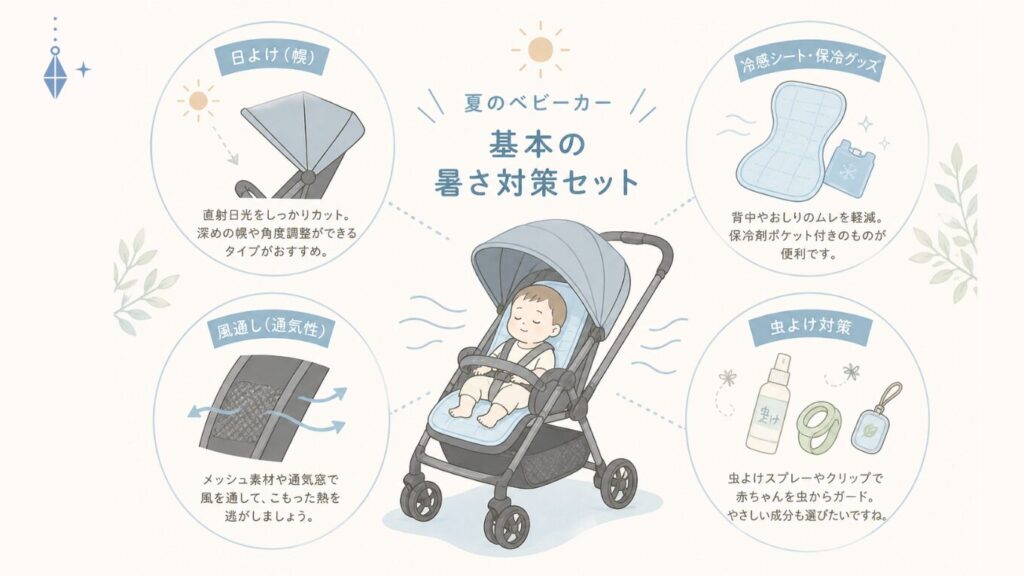 ベビーカーの暑さ対策一覧｜日よけ・冷感シート・風通し・虫よけの基本対策をまとめた図解イラスト