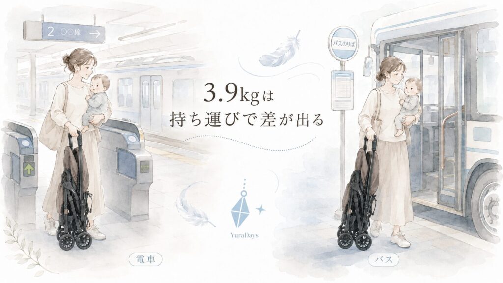スゴカル airを折りたたんで電車やバス移動に使う様子。3.9kgの軽さが持ち運びで役立つ場面を示した水彩風イラスト。