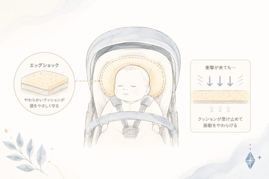 スゴカル airのエッグショックが赤ちゃんの頭まわりの衝撃をやわらげる仕組みを説明した図解イラスト。