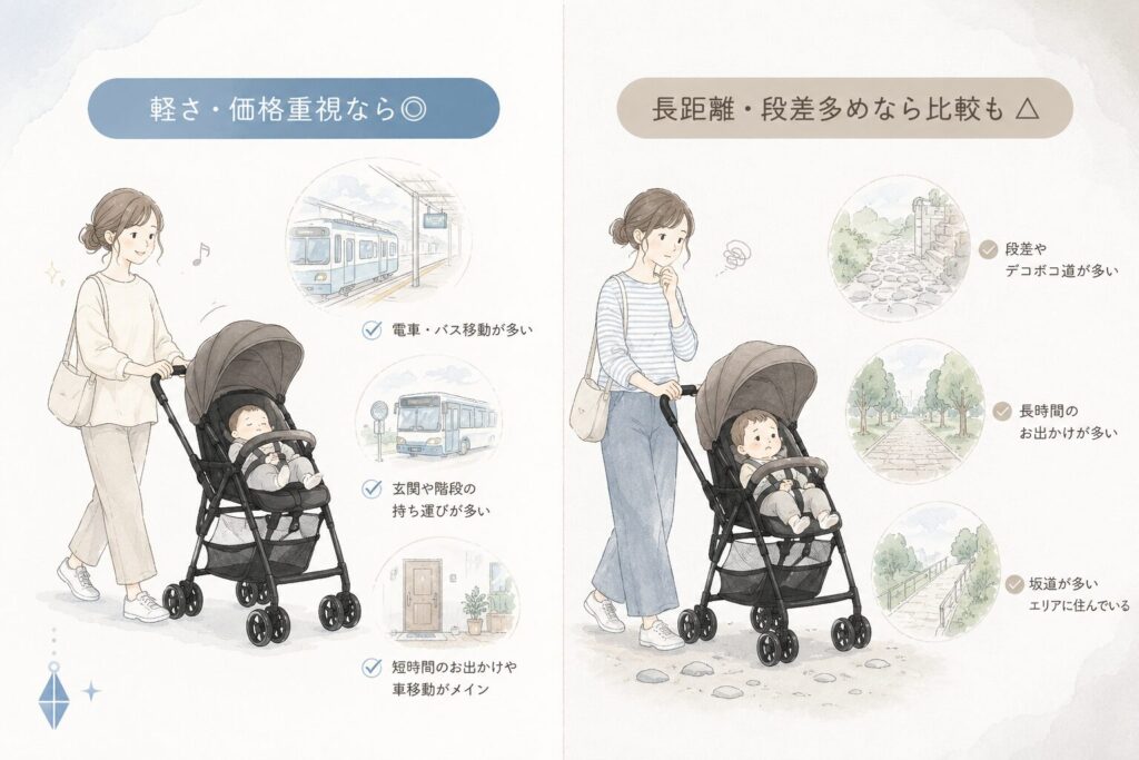 スゴカル airが向いている人と比較した方がよい人を左右で整理した図解。軽さと価格重視、長距離や段差が多い使い方の違いを示している。
