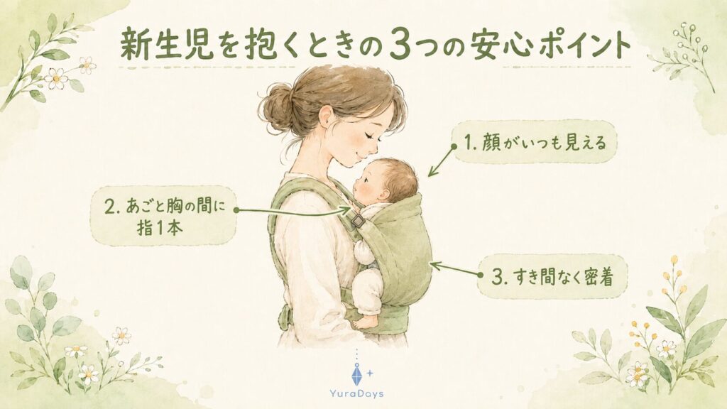 新生児を抱っこ紐で抱くときの安全チェックを示した水彩イラスト。顔が見える・あごと胸の間に指1本・密着の3つの注意点を図解