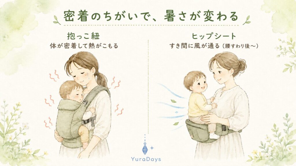 抱っこ紐とヒップシートの密着面積の違い。抱っこ紐は胸とお腹が密着して熱がこもりやすく、ヒップシートは台座に座るので体の間に風が通って夏は涼しいという比較図解