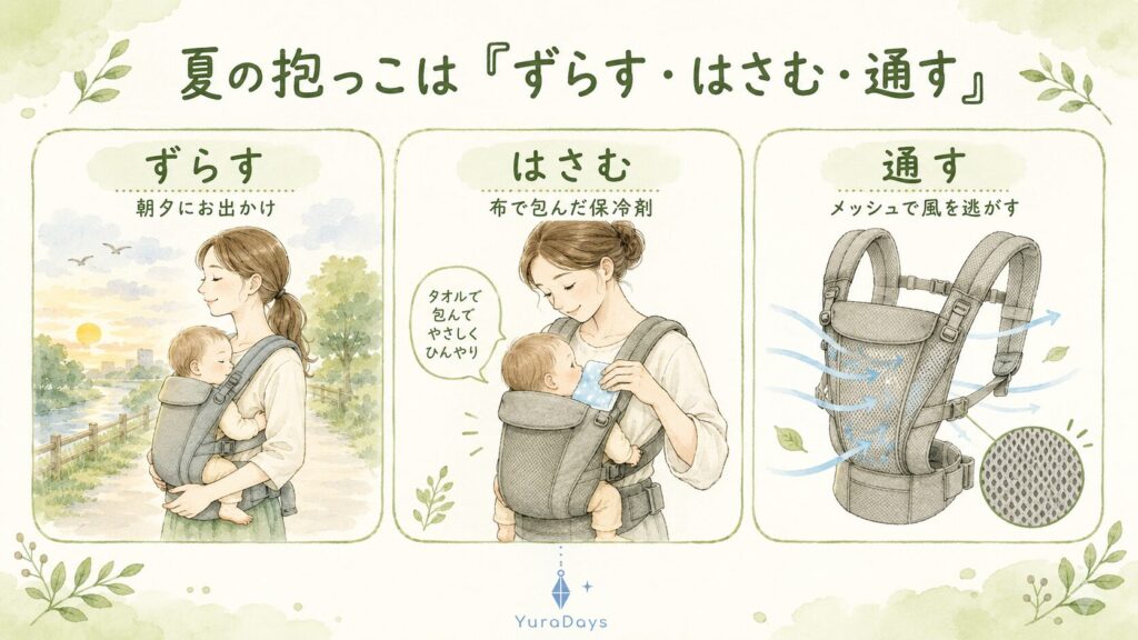 夏の抱っこ紐の暑さ対策3原則。お出かけ時間を朝夕にずらす、布で包んだ保冷剤を体の間にはさむ、メッシュ素材で風を通すという3つの工夫の図解