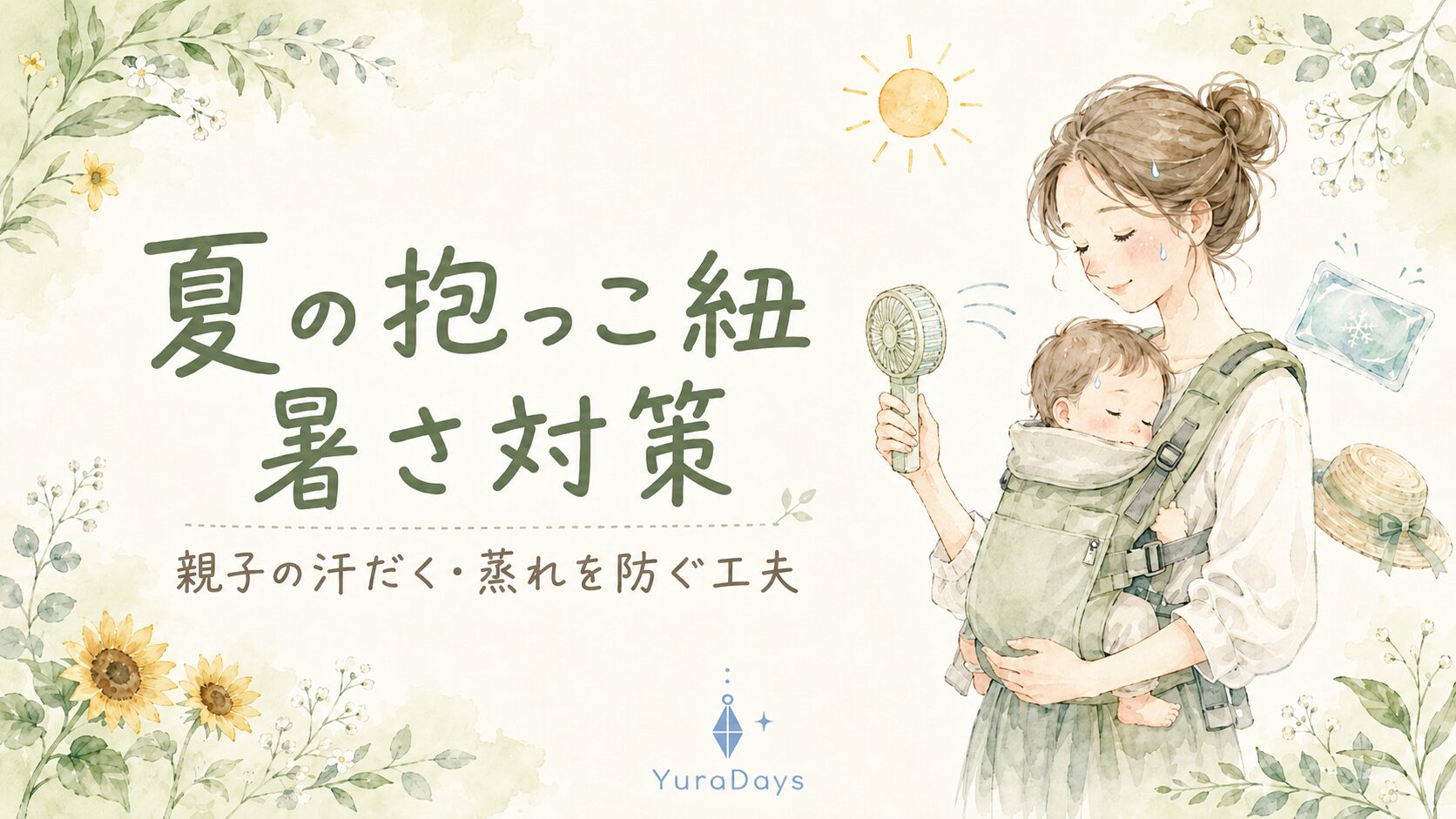 夏の抱っこ紐の暑さ対策。密着で汗だくになる赤ちゃんとママのための、保冷剤・汗取りパッド・メッシュ素材の工夫をまとめた記事のアイキャッチ