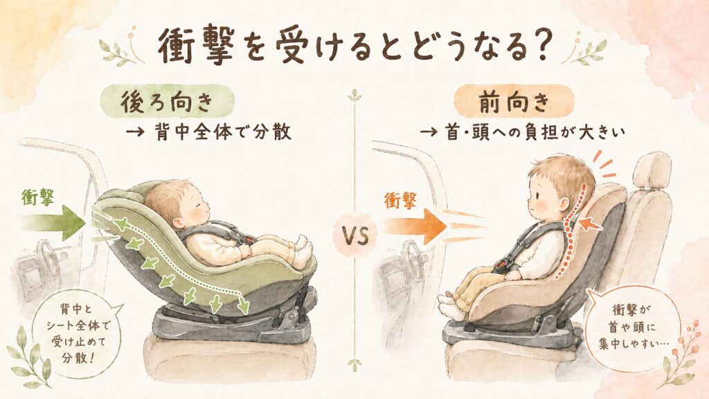 チャイルドシートの後ろ向きと前向きで衝撃の受け方がどう違うかを比較したイラスト。後ろ向きは背中全体で衝撃を分散し、前向きは首・頭に負担が集中することを示している。