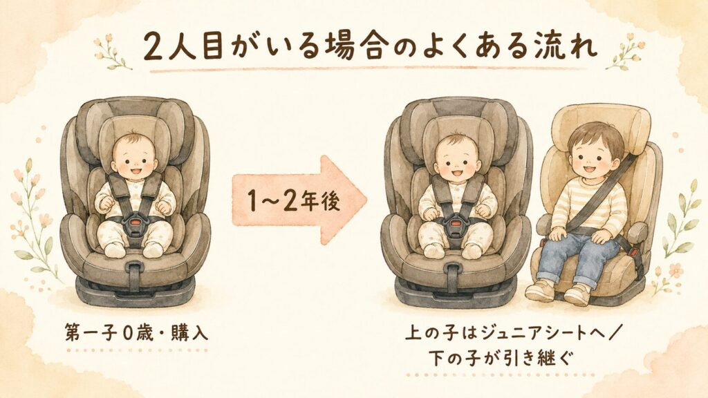 2人目が生まれた場合のチャイルドシート引き継ぎの流れを示したイラスト。上の子がジュニアシートへ移行し、ロングユースタイプを下の子が使うケースが多い