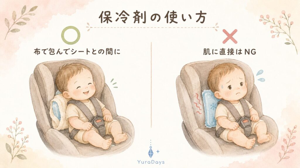 チャイルドシートでの保冷剤の正しい使い方。タオルやガーゼで包んで使うのが正解で、赤ちゃんの肌に直接当てるのは冷えすぎや凍傷の危険があるためNGという比較図解