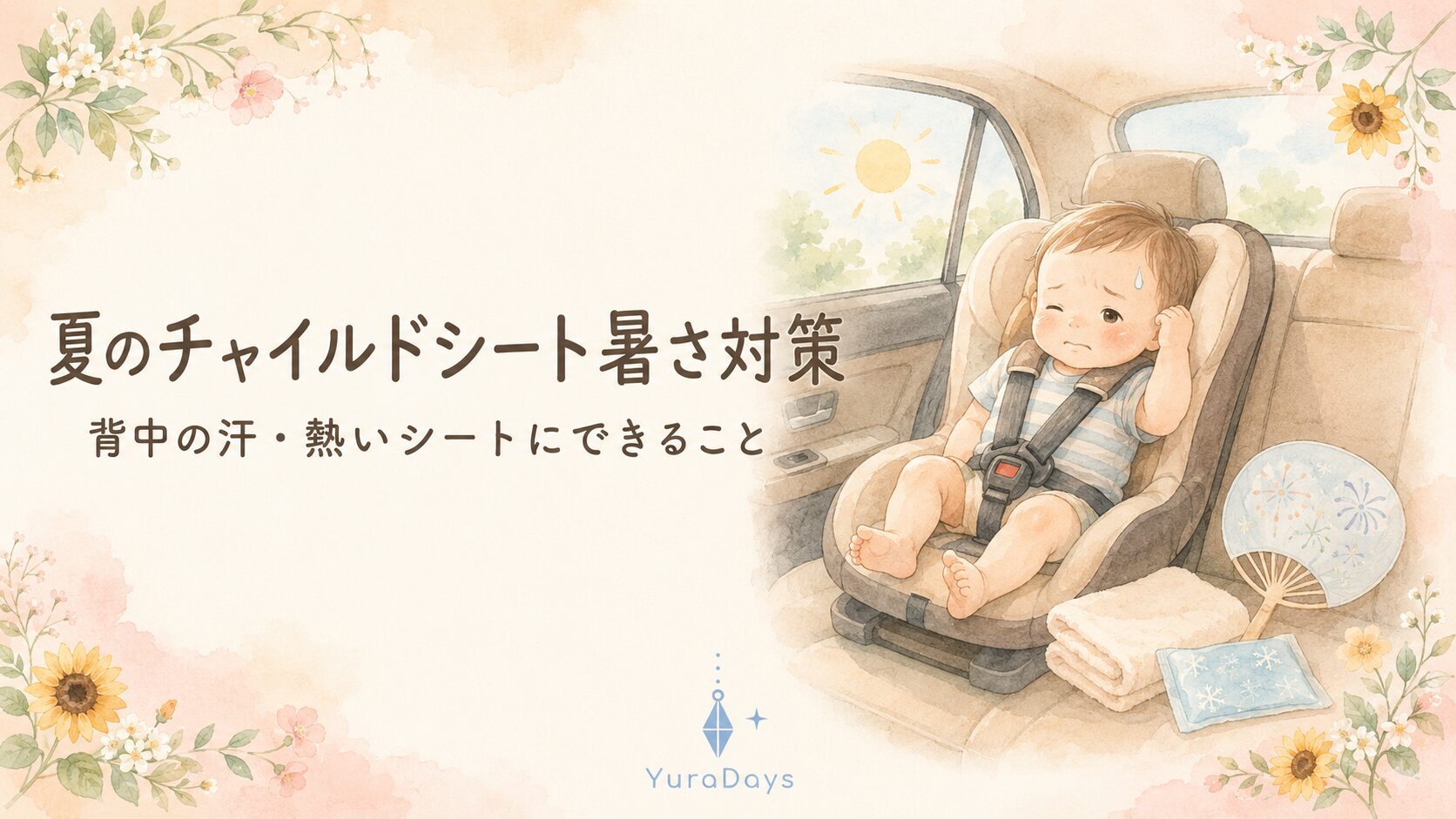 夏のチャイルドシートの暑さ対策。車内で汗をかく赤ちゃんと、背中の蒸れ・熱いシートにできる対策を販売員が整理した記事のアイキャッチ