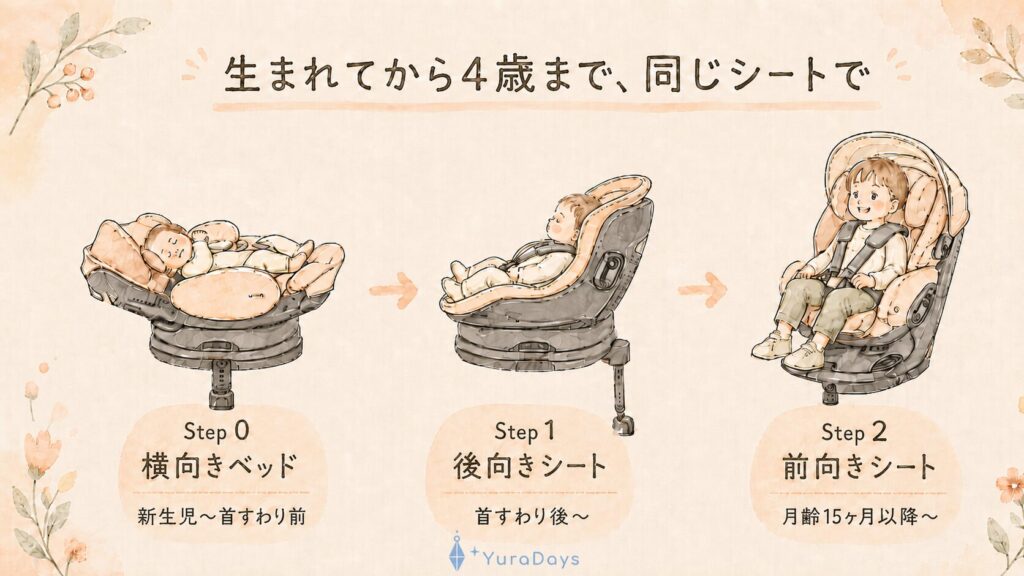 フラディアグロウ エバーの3段階使用ステップの図解。Step0(横向きベッド・新生児)→ Step1(後向きシート)→ Step2(前向きシート)の流れを水彩イラストで表現。
