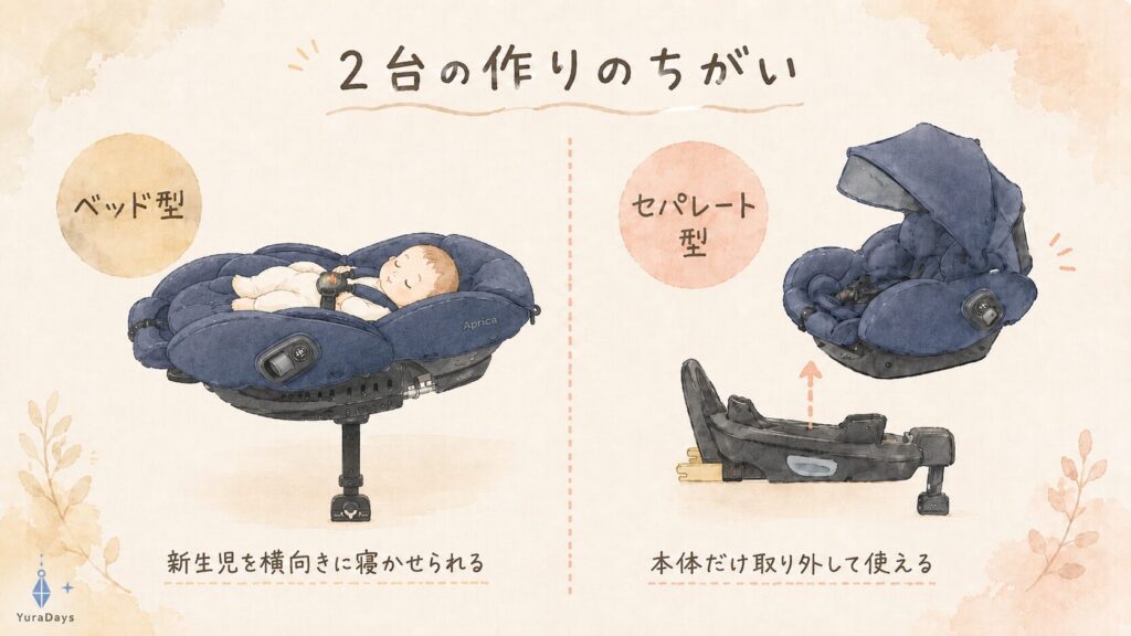  フラディアグロウ エバー（フルフラットベッド型）とクルリラ エックスプラスAB（セパレート型）の構造の違いを示した比較イラスト